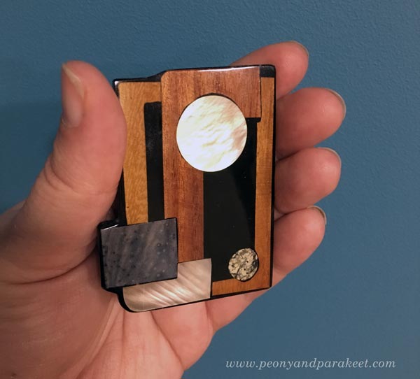 Mid-century modern brooch, wood inlay, teak, shell, stone