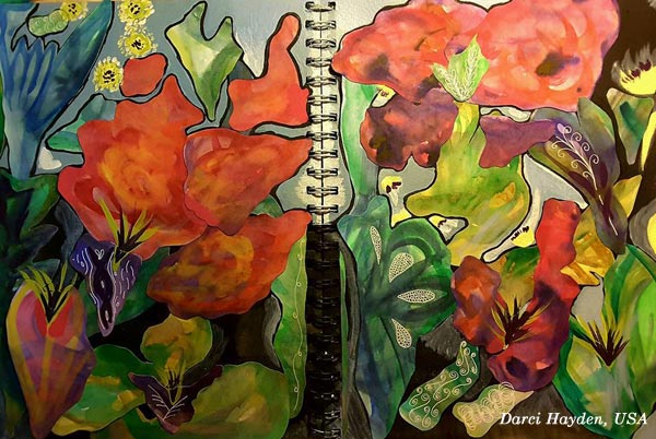 An art journal page spread by Darci Hayden, USA. Based on the mini-course "Botanical Discovery" by Peony and Parakeet.