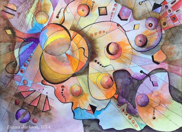 A mixed media drawing by Diana Jackson, USA. Base on the mini-course "Romantic Geometry" by Peony and Parakeet.