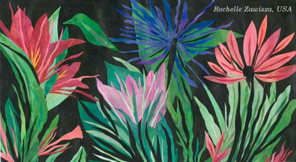 A painted collage by Rochelle Zawisza, USA. Based on the mini-course "Botanical Discovery" by Peony and Parakeet.