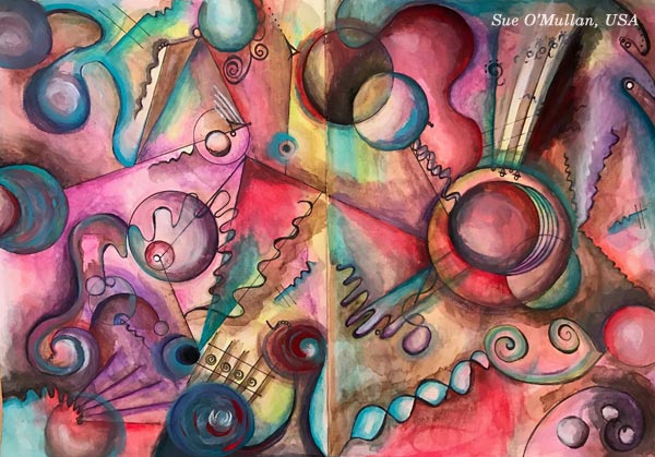 An art journal page spread by Sue O'Mullan, USA. Based on the mini-course "Romantic Geometry" by Peony and Parakeet.