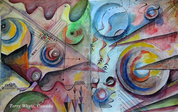 An art journal page spread by Terry Whyte, Canada. Based on the mini-course "Romantic Geometry" by Peony and Parakeet.