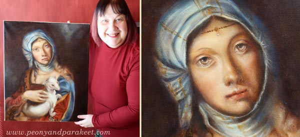Paivi Eerola and her oil painting combining Lady with an Ermine by Leonardo da Vinci, and Gypsy Girl by Boccaccio Boccaccino
