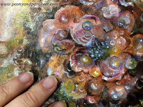 A detail of "Queen of Fantasy" by Paivi Eerola from Peony and Parakeet. A flower painting with acrylics and glazing medium.