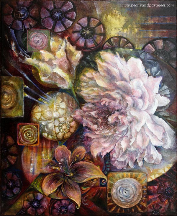 "Blooming Centuries", an acrylic painting by Paivi Eerola from Peony and Parakeet.