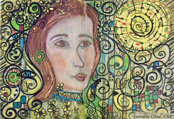 Inspired by Gustav Klimt. Lorraine Cline, USA - a student artwork from the mini-course Patterned Topiary. By Peony and Parakeet.