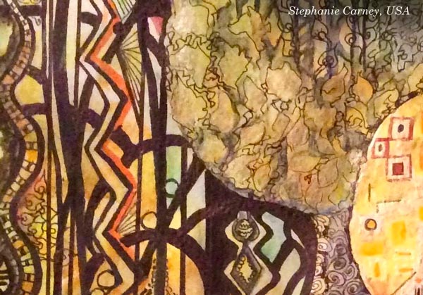 Inspired by Gustav Klimt. Stephanie Carney, USA - a detail of a student artwork from the mini-course Patterned Topiary. By Peony and Parakeet.