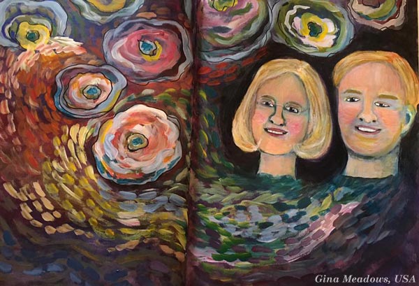 Vincent van Gogh inspiration by Gina Meadows, USA. An art journal page spread made from the mini-course Selfie Fantasy by Peony and Parakeet.