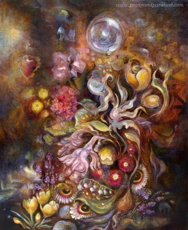 "Living Treasure", an acrylic painting by Paivi Eerola from Peony and Parakeet. Read about her thoughts of painting a series.