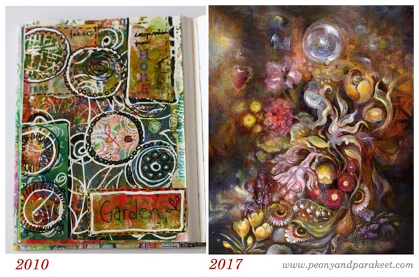 Paivi Eerola's art journal page from 2010, and her painting from 2017. Growing as an artist and becoming a mentor.