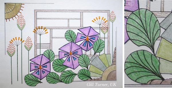 By Gill Turner, UK. Student artwork from Peony and Parakeet's class Floral Fantasies in 3 Styles.