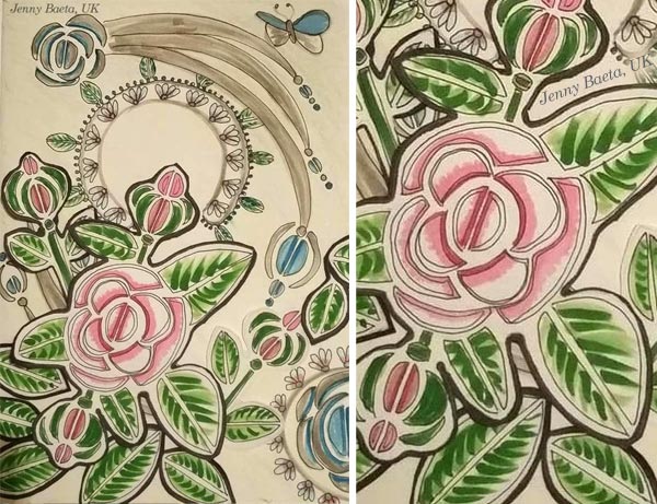 By Jenny Baeta, UK. Student artwork from Peony and Parakeet's class Floral Fantasies in 3 Styles.