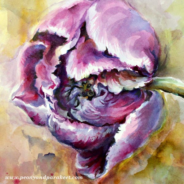 A detail of a watercolor painting by Paivi Eerola from Peony and Parakeet. See her 6 tips for expressive floral art.