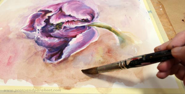 Painting a background of a flower painting. By Paivi Eerola fro Peony and Parakeet.
