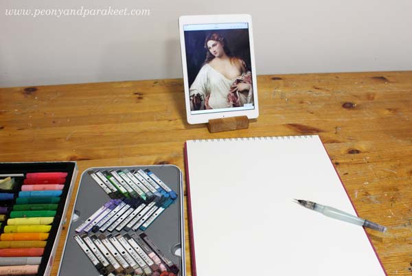 Derwent Artbars, Faber-Castell Gelatos, and a waterbrush ready for making a sketchbook page.