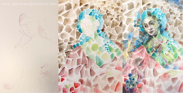 First steps of an intuitive painting that also uses a reference image. By Paivi Eerola from Peony and Parakeet.