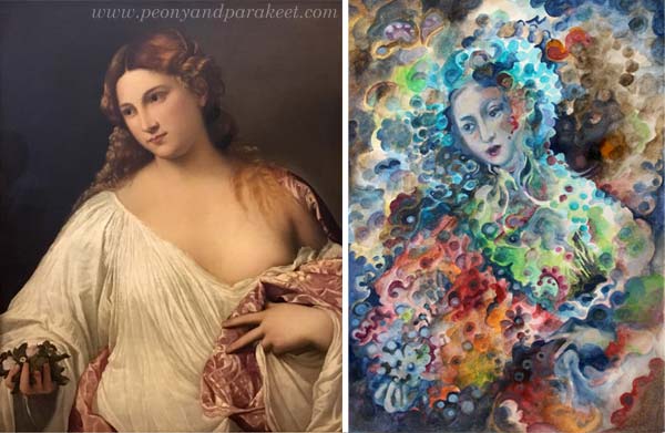 Tiziano Vecellio's painting Flora, and a painting from Paivi Eerola's sketchbook. See how she used the reference for the painting!