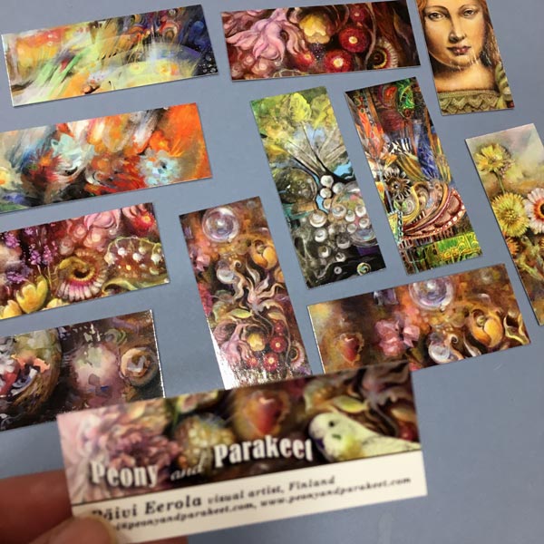 Paivi Eerola's business cards. She teaches art at www.peonyandparakeet.com
