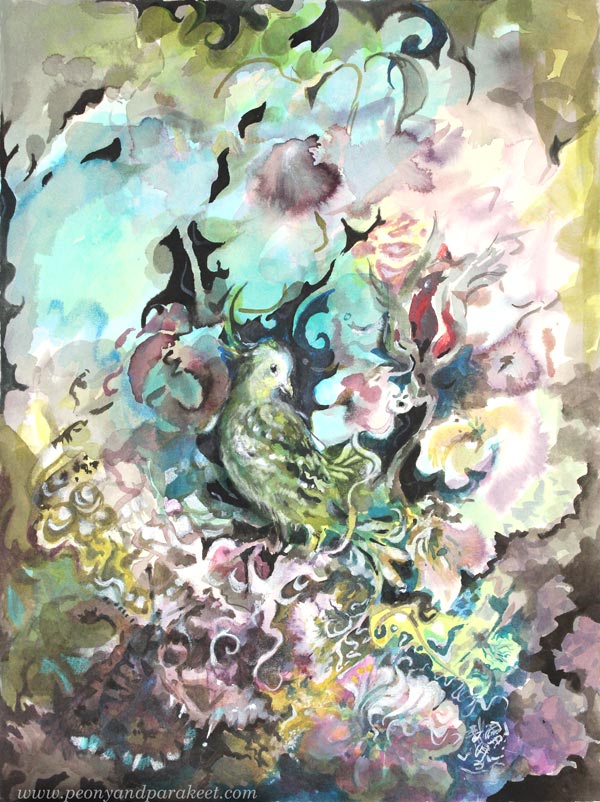 Marie's Bird, a mixed media painting by Paivi Eerola from Peony and Parakeet