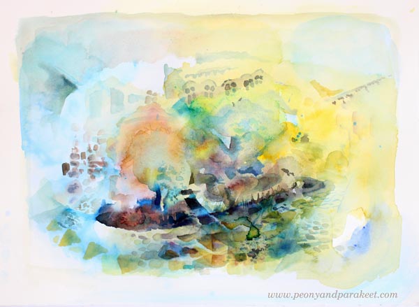 Painting in progress by Paivi Eerola from Peony and Parakeet. Daniel Smith watercolors.
