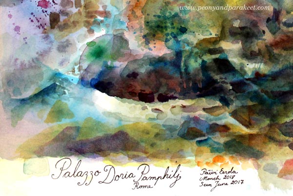 Palazzo Doria Pamphilj, a watercolor painting with Daniel Smith Watercolors by Paivi Eerola from Peony and Parakeet. A detail with a signature.