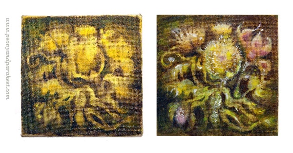 Small-sized art. Painting a small canvas painting with oils. By Paivi Eerola from Peony and Parakeet.