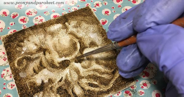 Small oil painting in progress by Paivi Eerola from Peony and Parakeet