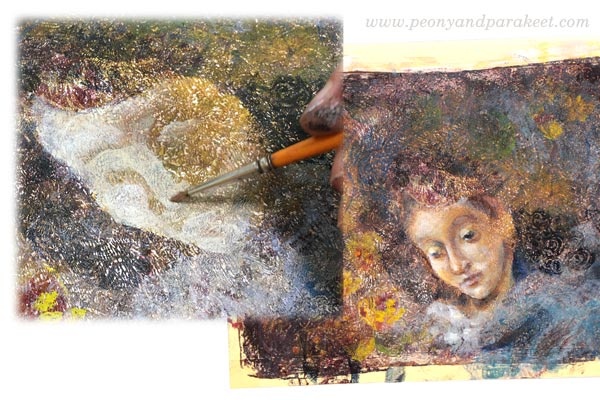 Painting on a Gelli print. See the blog post for more info! By Paivi Eerola from Peony and Parakeet.