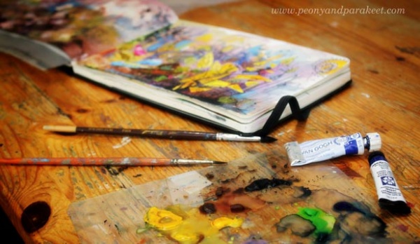 Art journaling with watercolors. By Paivi Eerola from Peony and Parakeet. See her Moleskine journal, full of ideas!
