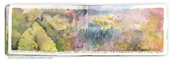Morning Dew. Watercolor art journal spread by Paivi Eerola from Peony and Parakeet. See her watercolor diary for more ideas!
