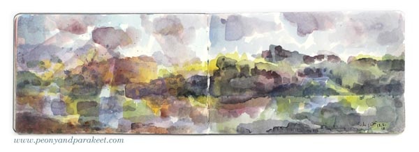 Rainy Day. Watercolor art journal spread by Paivi Eerola from Peony and Parakeet. See her watercolor diary for more ideas!