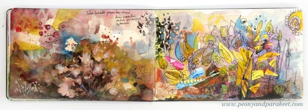 Watercolor art journal spread by Paivi Eerola from Peony and Parakeet. See her watercolor diary for more ideas!