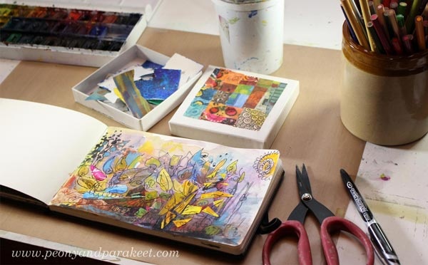 Watercolor collage by Paivi Eerola from Peony and Parakeet. See her watercolor diary for more ideas!