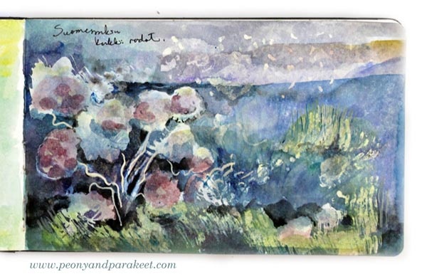Watercolor art journal page by Paivi Eerola from Peony and Parakeet. See her watercolor diary for more ideas!