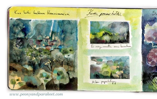 Watercolor art journal page by Paivi Eerola from Peony and Parakeet. See her watercolor diary for more ideas!