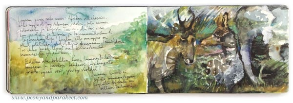 Watercolor art journal spread by Paivi Eerola from Peony and Parakeet. See her watercolor diary for more ideas!