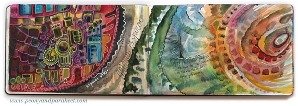 Watercolor art journal spread by Paivi Eerola from Peony and Parakeet. See her watercolor diary for more ideas!