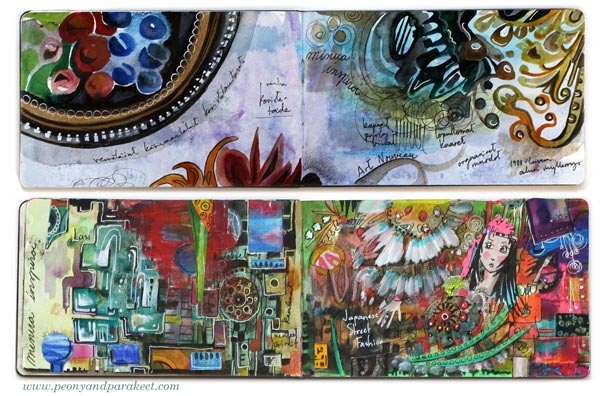 Watercolor art journal spreads by Paivi Eerola from Peony and Parakeet. See her watercolor diary for more ideas!