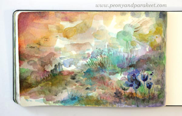 Watercolor journal page by Paivi Eerola. You can see her painting this one in a live session that's on Peony and Parakeet's Facebook page.