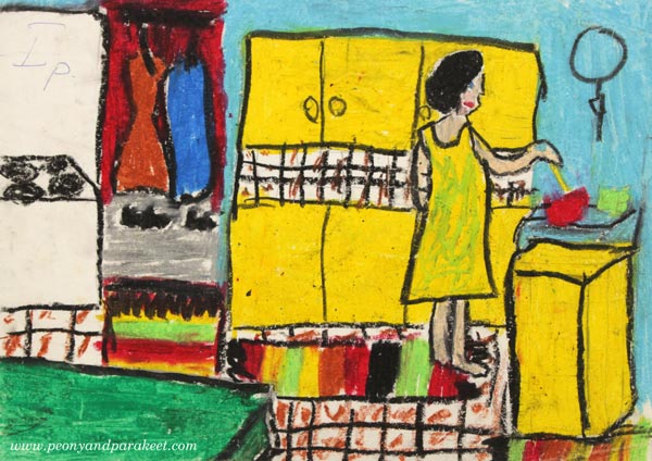 A childhood drawing with oil pastels by Paivi Eerola from Peony and Parakeet.