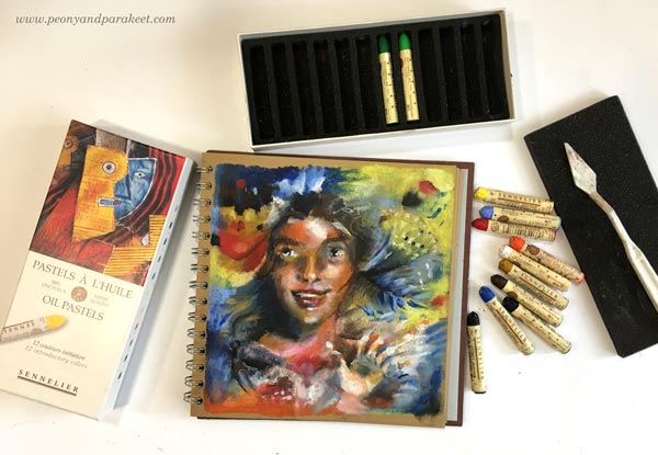 Sennelier oil pastels and an example drawn by Paivi Eerola from Peony and Parakeet.