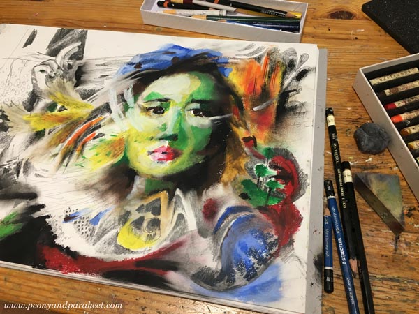 Making of a oil pastel drawing with Sennelier oil pastels. By a Finnish artist Paivi Eerola from Peony and Parakeet.