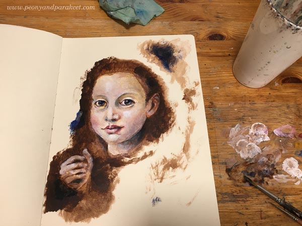 Creating a portrait with mixed media. The first part: acrylic paints. By Paivi Eerola from Peony and Parakeet. This project was created on a large Dylusions Creative Journal.