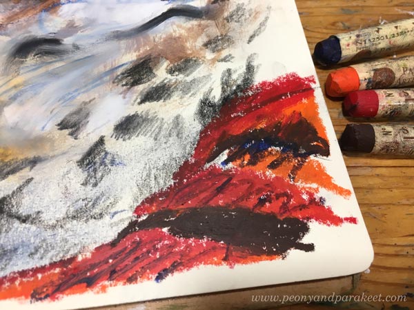 Working with oil pastels. Using oil pastels in mixed media. By Paivi Eerola from Peony and Parakeet.