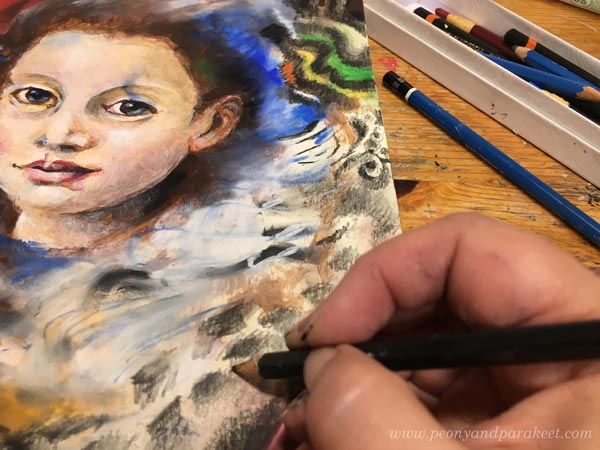 Using graphite pencils in mixed media art. By Paivi Eerola from Peony and Parakeet.