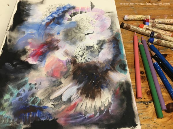 Creating abstract art using mixed media. Oil pastels, colored pencils, graphite pencils. By Paivi Eerola from Peony and Parakeet.