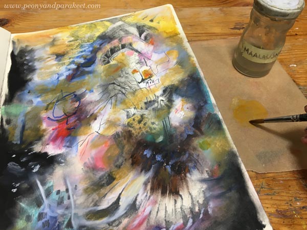 Thinning oil pastels. By Paivi Eerola from Peony and Parakeet.