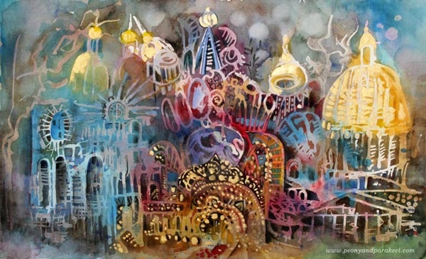 Three Churches of St. Petersburg. A mixed media watercolor painting by Paivi Eerola from Peony and Parakeet. Made for the class Watercolor Journey.