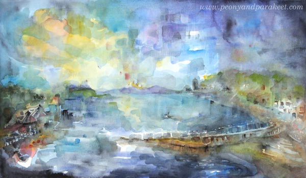 "Oban". A watercolor painting of a small town in Scotland. By Paivi Eerola from Peony and Parakeet.