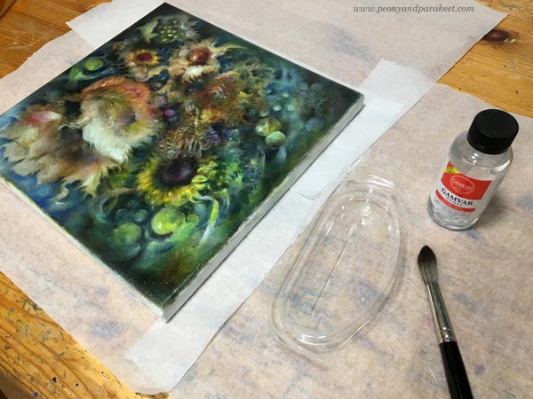 Varnishing an oil painting with Gamvar Picture Varnish. By Paivi Eerola from Peony and Parakeet, Finland.
